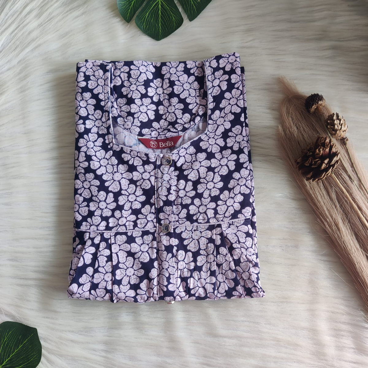 Navy Blue And White Floral  Printed Premium Cotton Button Zip Nighty | Free Size | Chest Width 44″| Length 55″-56″