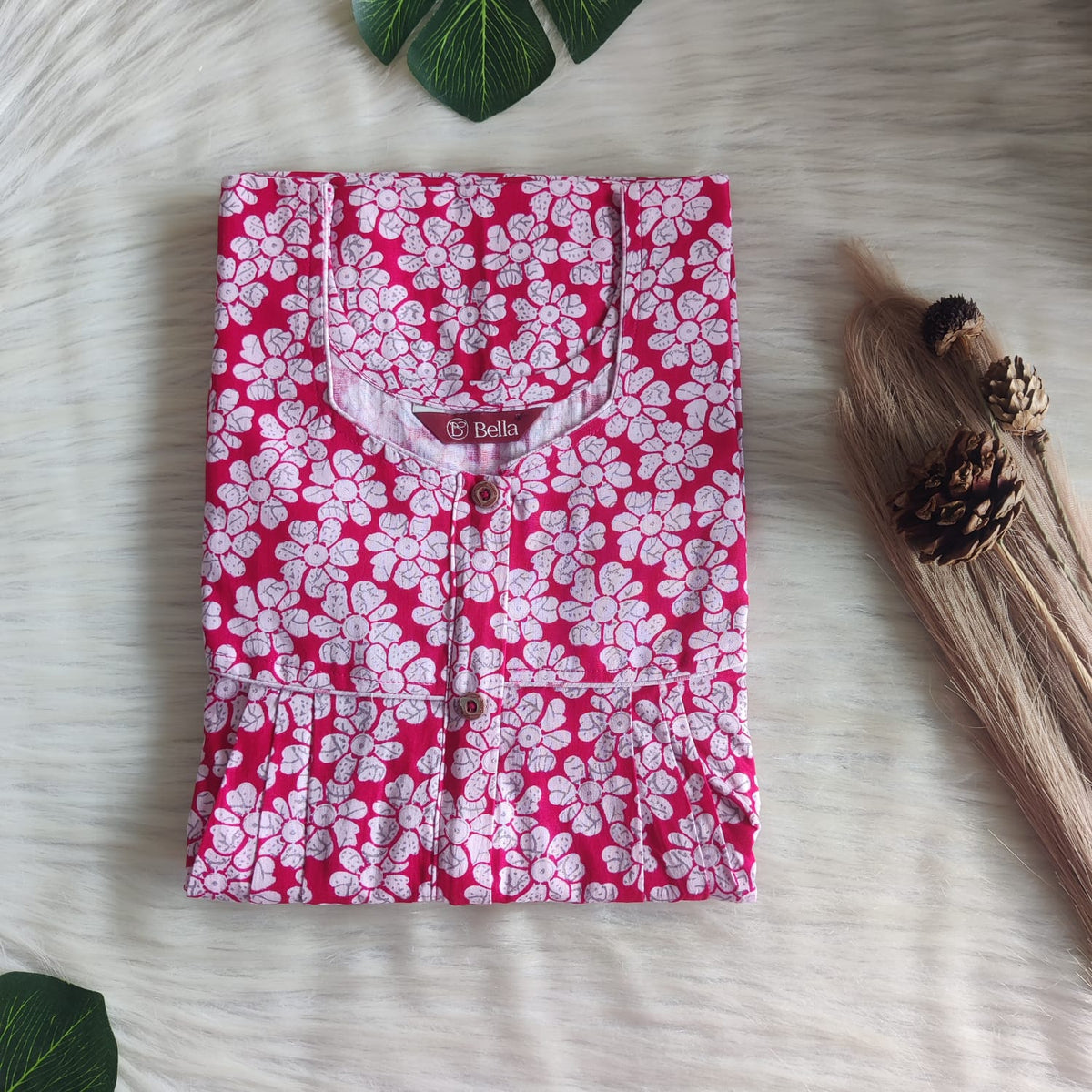 Pink And White Floral Printed Premium Cotton Button Zip Nighty | Free Size | Chest Width 44″| Length 55″-56″