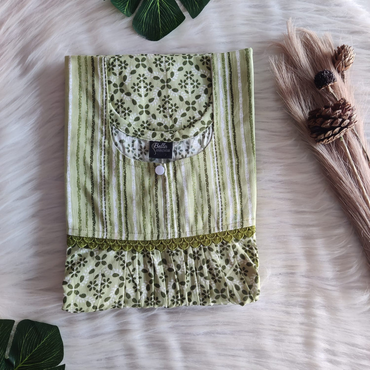 Pale And Dark Green Printed Premium Cotton 3/4 Sleeve Lace Nighty | Free Size | Chest Width 44″| Length 54″-56″