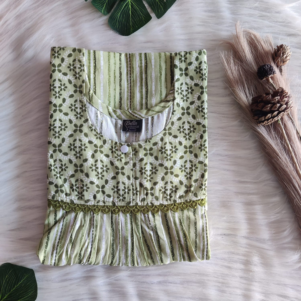 Dark And Pale Green Printed Premium Cotton 3/4 Sleeve Lace Nighty | Free Size | Chest Width 44″| Length 54″-56″