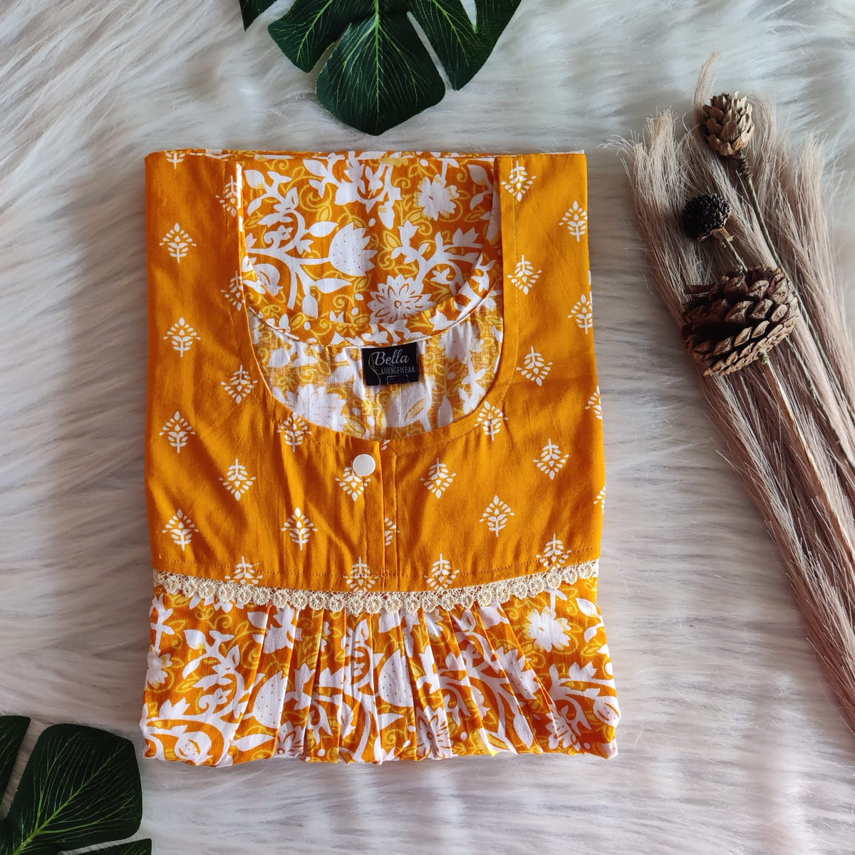 Orange And White Printed Premium Cotton 3/4 Sleeve Lace Nighty | Free Size | Chest Width 44″| Length 54″-56″