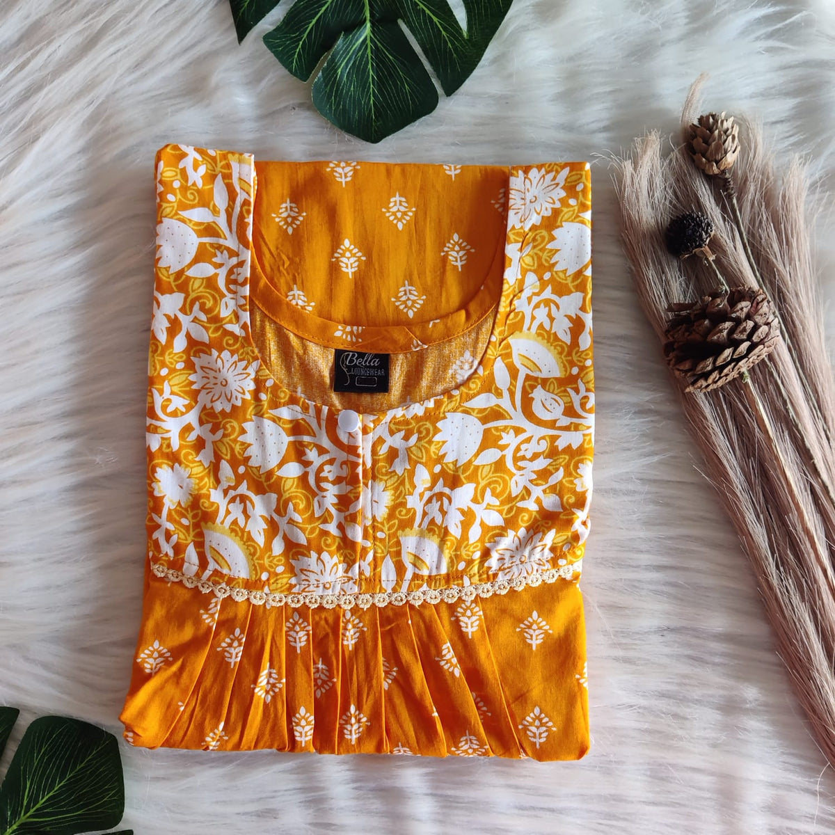 White And Orange Printed Premium Cotton 3/4 Sleeve Lace Nighty | Free Size | Chest Width 44″| Length 54″-56″