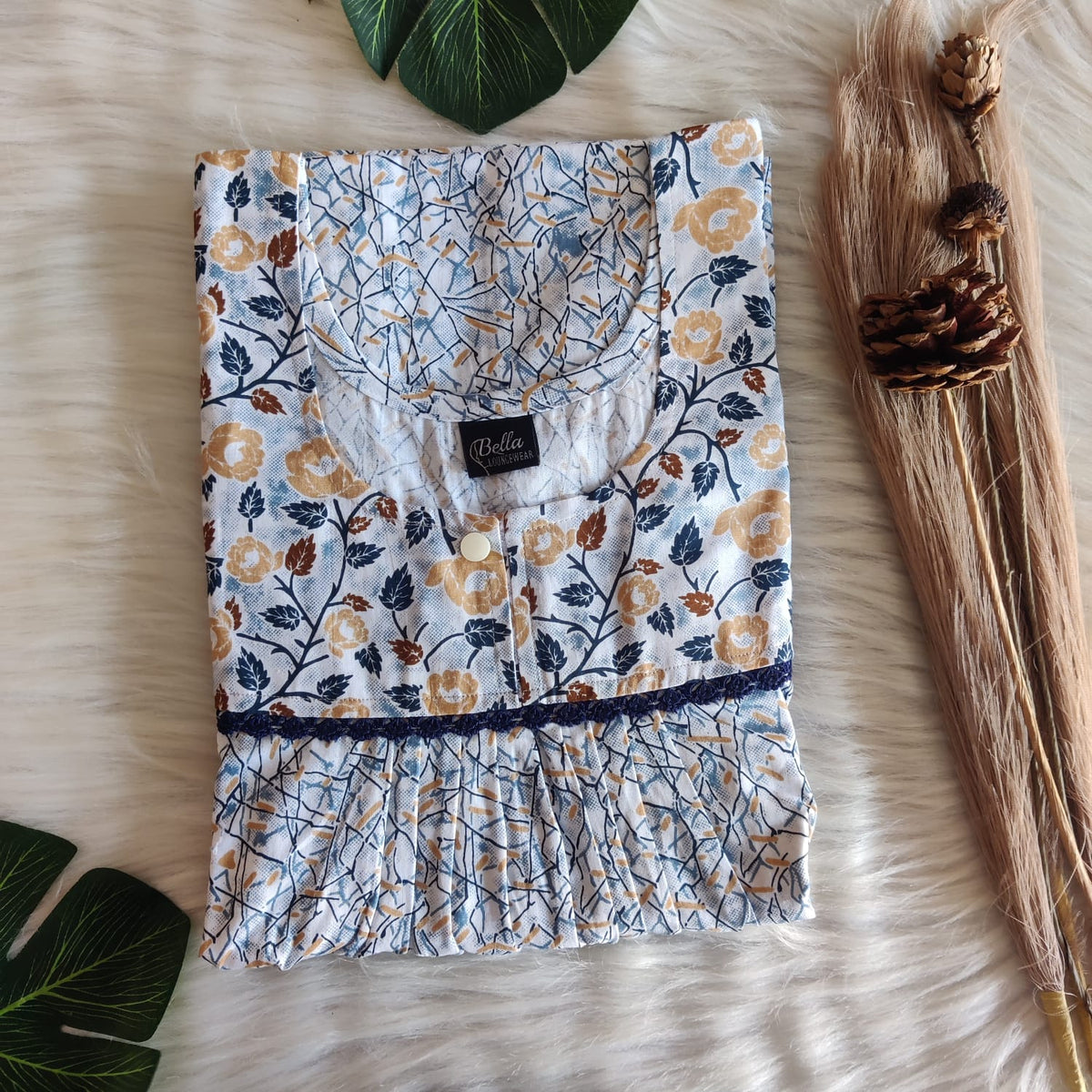 Cream And Blue Printed Premium Cotton 3/4 Sleeve Lace Nighty | Free Size | Chest Width 44″| Length 54″-56″