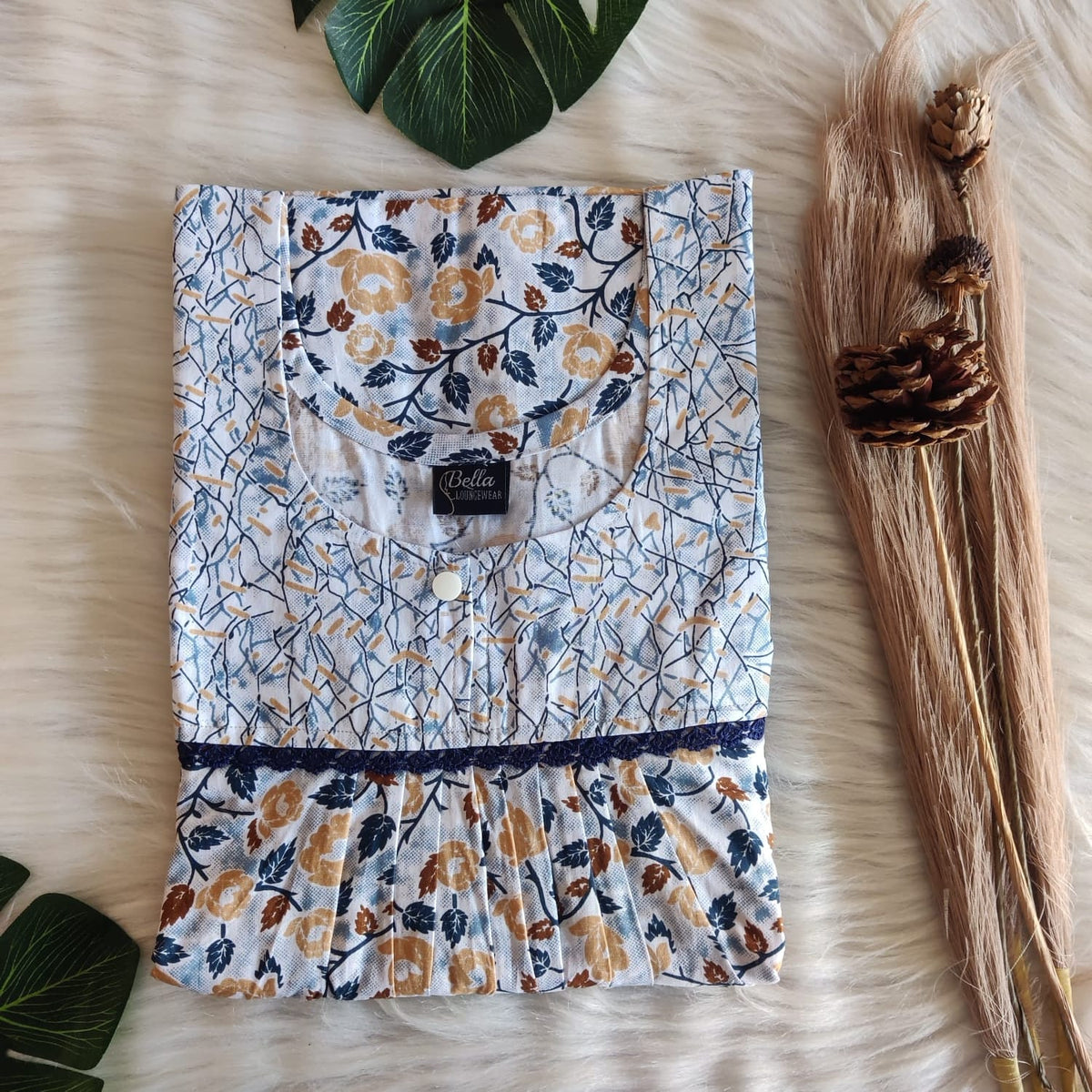 Blue And Cream Printed Premium Cotton 3/4 Sleeve Lace Nighty | Free Size | Chest Width 44″| Length 54″-56″