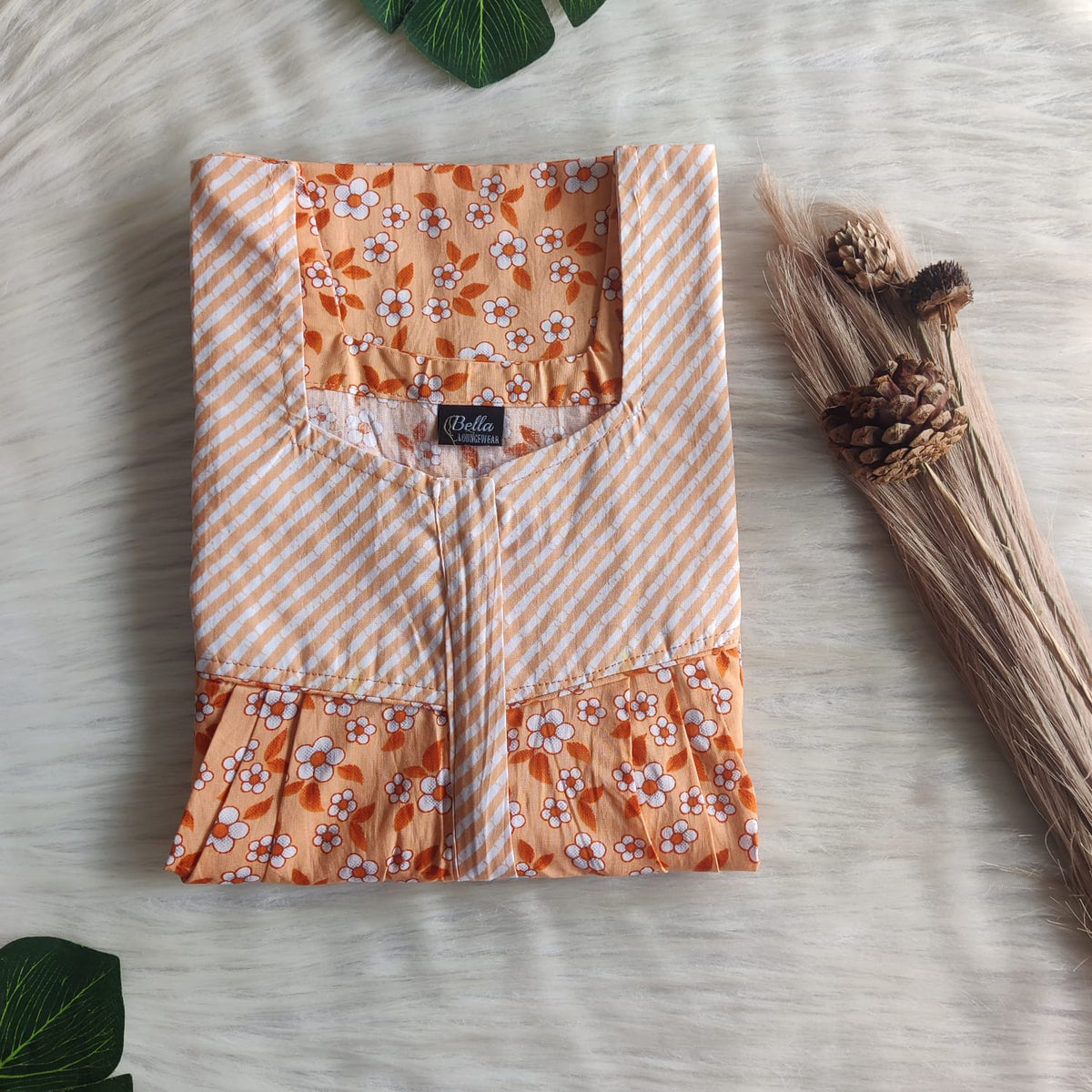 Pale And Dark Orange Floral Printed Premium Cotton Square Neck Pleated Nighty | Free Size | Chest Width 44″| Length 55″-56″