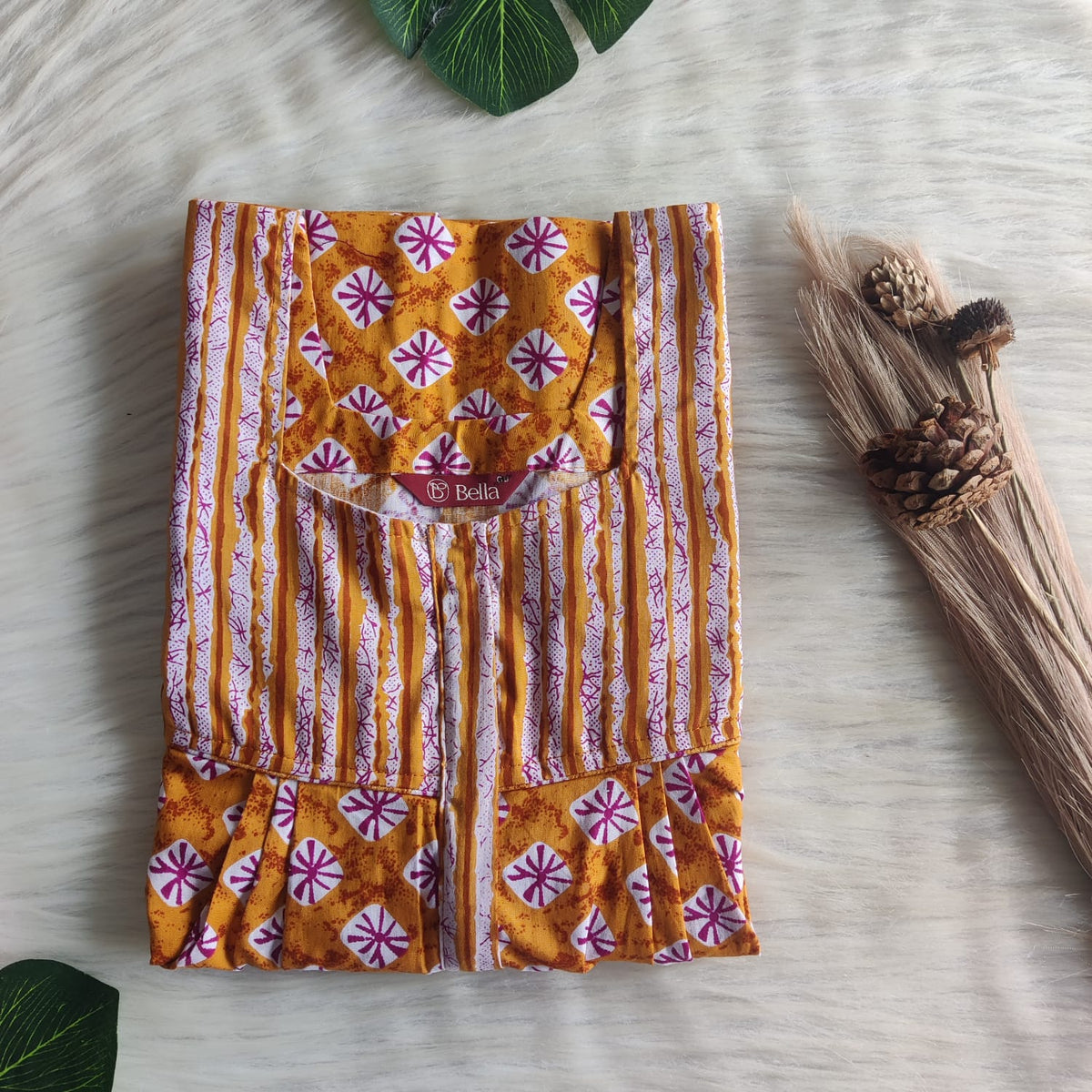 White And Brown Floral Printed Premium Cotton Square Neck Pleated Nighty | Free Size | Chest Width 44″| Length 55″-56″