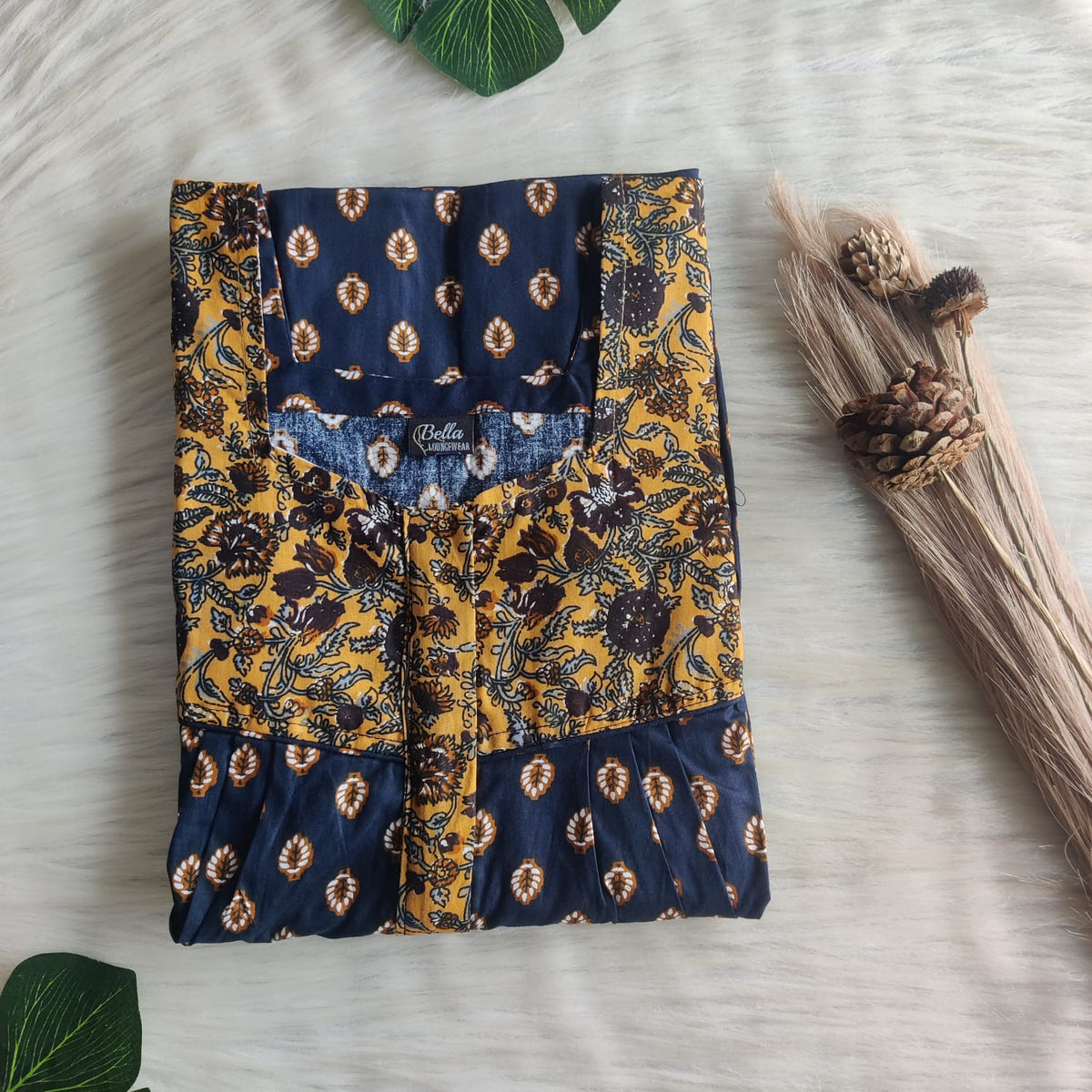 Yellow And Navy Blue Printed Premium Cotton Square Neck Pleated Nighty | Free Size | Chest Width 44″| Length 55″-56″