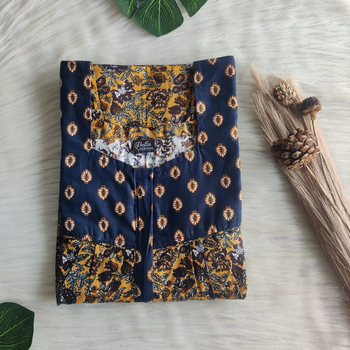 Navy Blue And Yellow Printed Premium Cotton Square Neck Pleated Nighty | Free Size | Chest Width 44″| Length 55″-56″