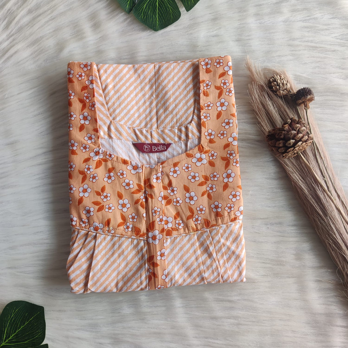 Dark And Pale Orange Stripes Printed Premium Cotton Square Neck Pleated Nighty | Free Size | Chest Width 44″| Length 55″-56″