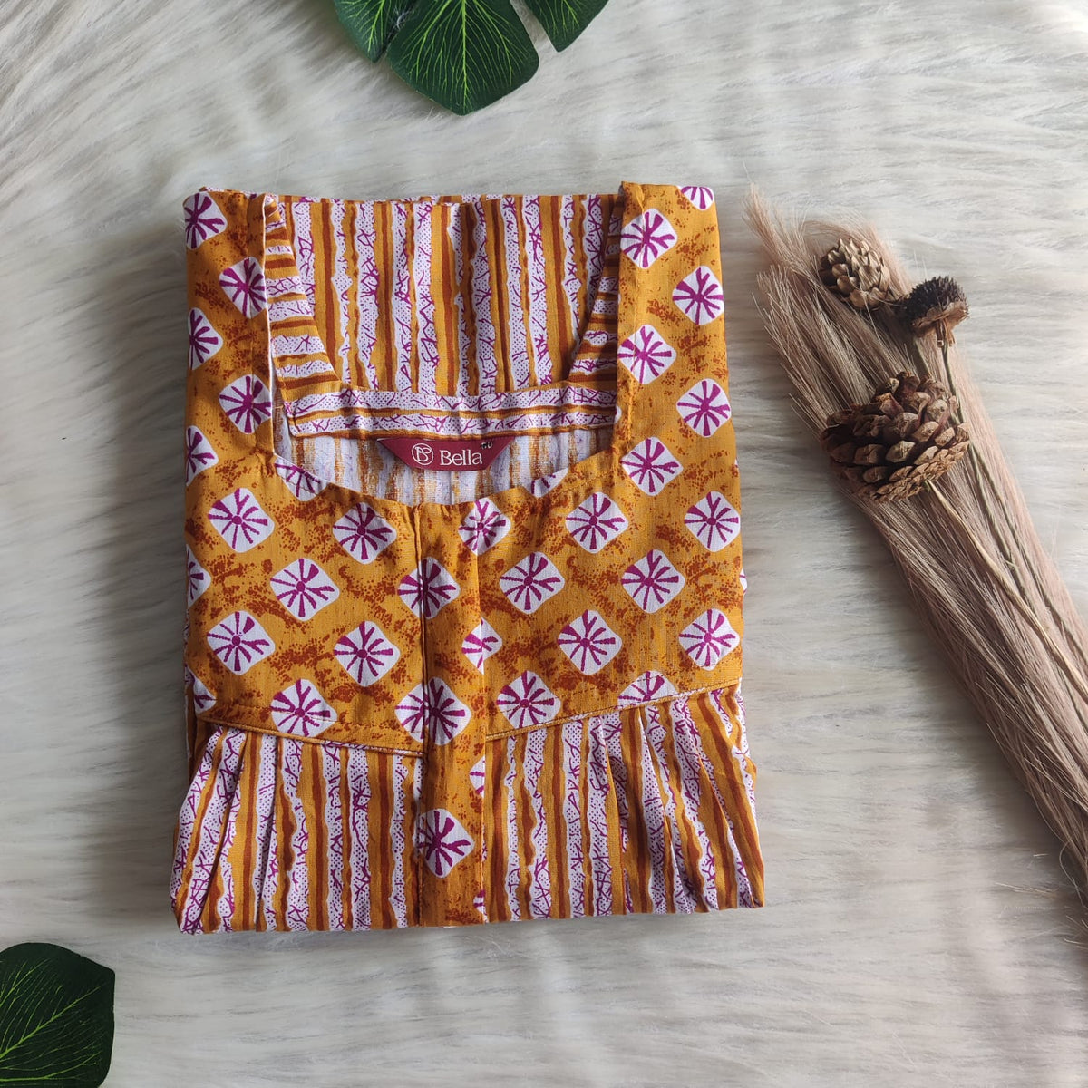 Brown And White Stripes Printed Premium Cotton Square Neck Pleated Nighty | Free Size | Chest Width 44″| Length 55″-56″
