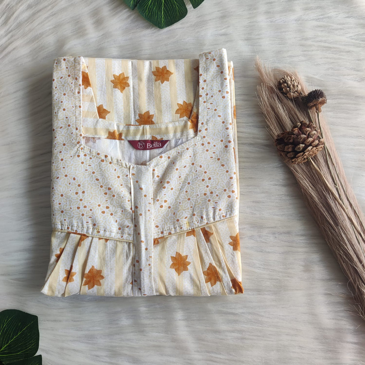 Pale And Dark Yellow Printed Premium Cotton Square Neck Pleated Nighty | Free Size | Chest Width 44″| Length 55″-56″