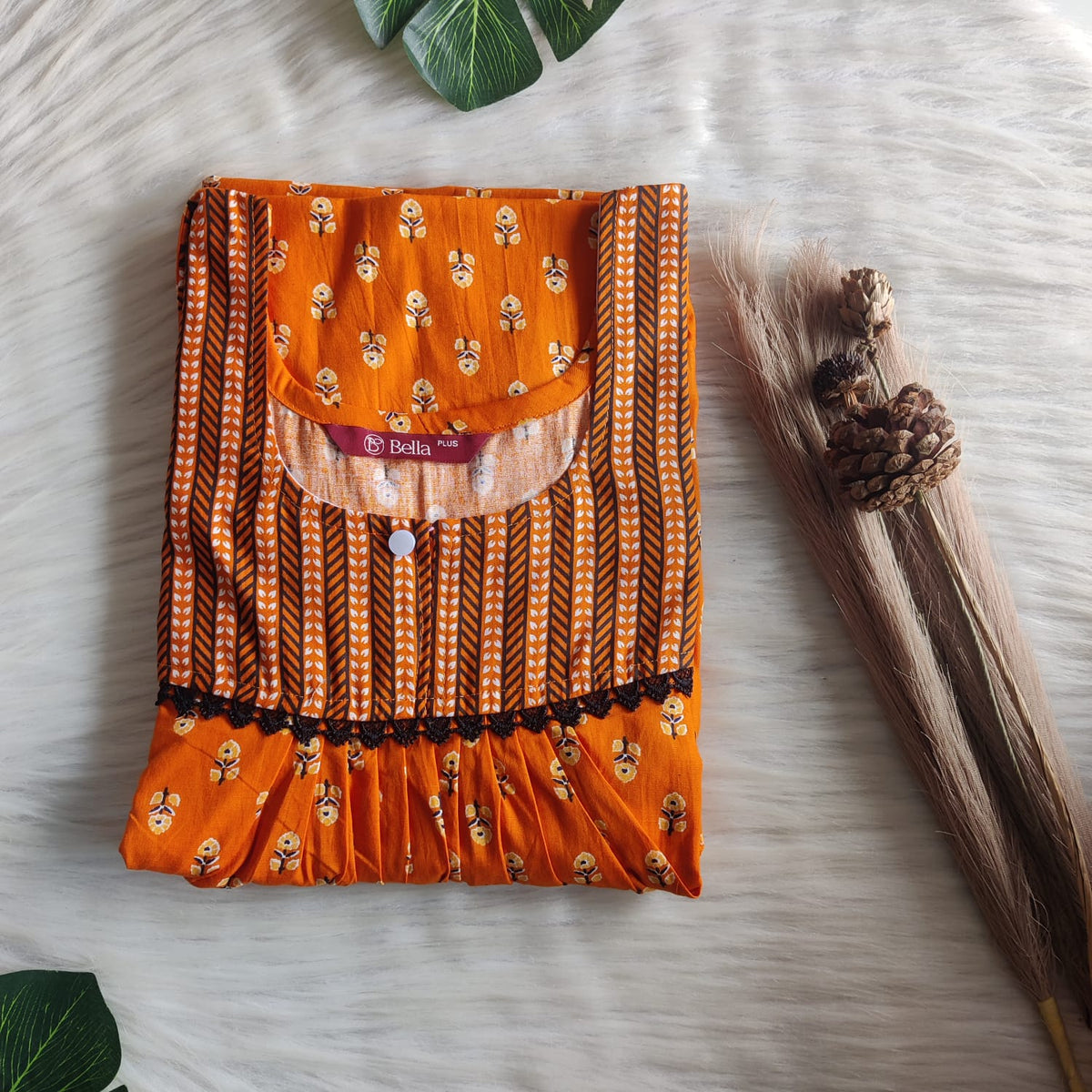 Black And Orange Floral Printed Premium Cotton Plus Size Lace Nighty | Chest Width 50″| Length 56″