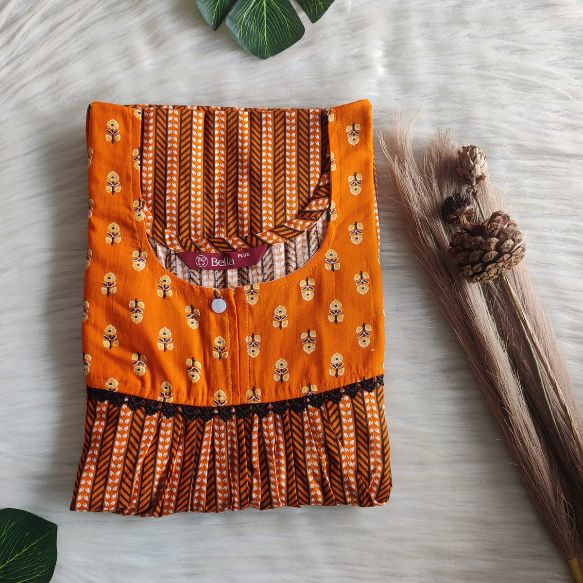 Orange And Black Printed Premium Cotton Plus Size Lace Nighty | Chest Width 50″| Length 56″