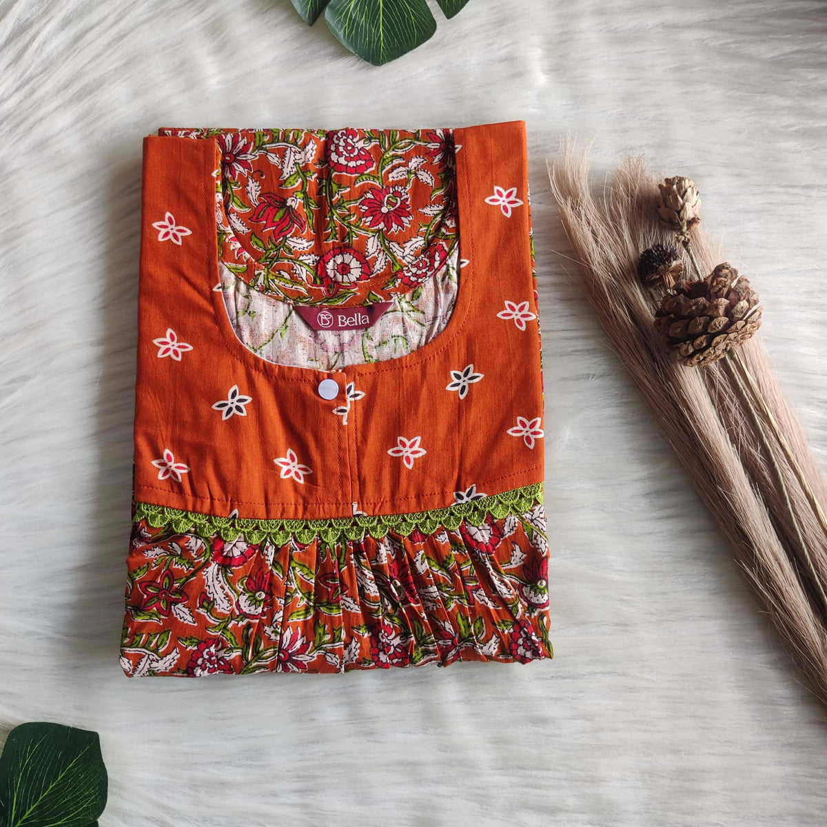 Burnt Orange And Green Printed Premium Cotton Lace Nighty | Free Size | Chest Width 44″| Length 54″-56″