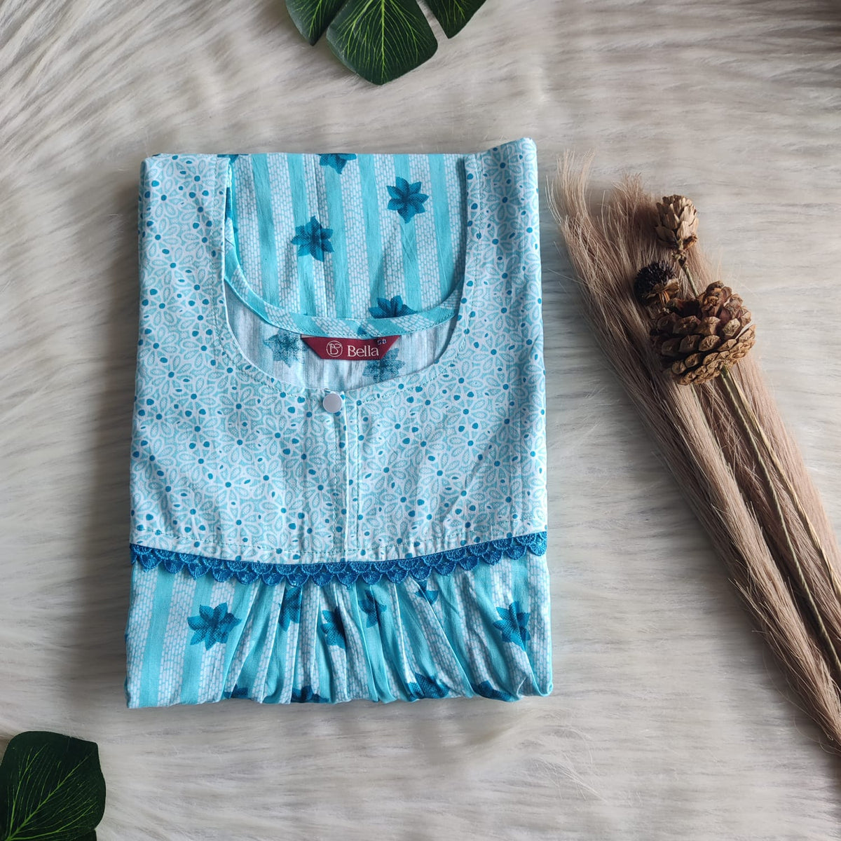 Pale And Dark Blue Printed Premium Cotton Lace Nighty | Free Size | Chest Width 44″| Length 54″-56″