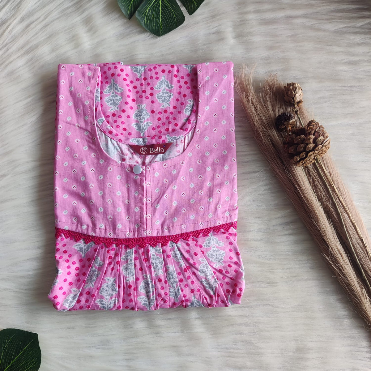 Pink And Grey Floral Printed Premium Cotton Lace Nighty | Free Size | Chest Width 44″| Length 54″-56″