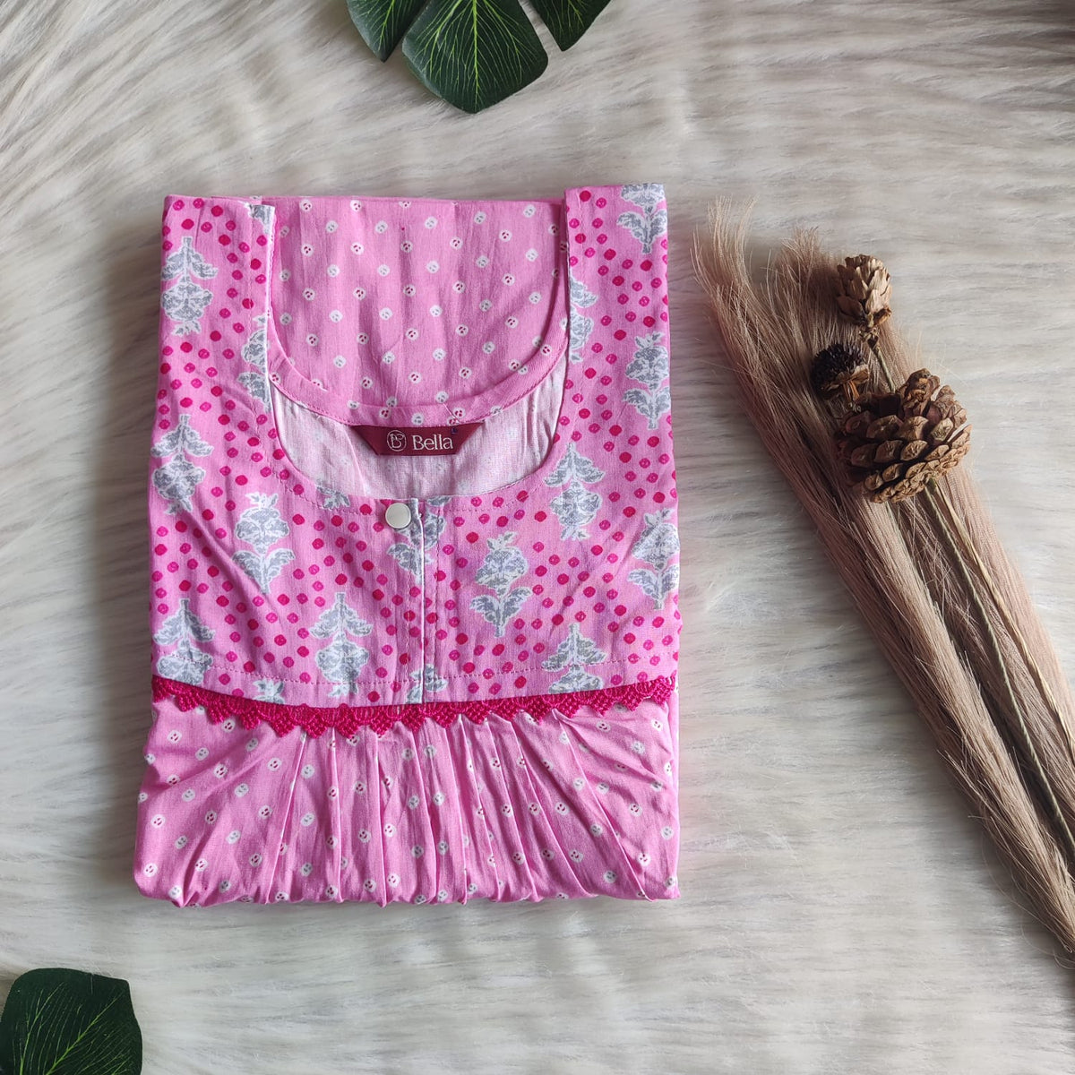 Grey And Pink Floral Printed Premium Cotton Lace Nighty | Free Size | Chest Width 44″| Length 54″-56″