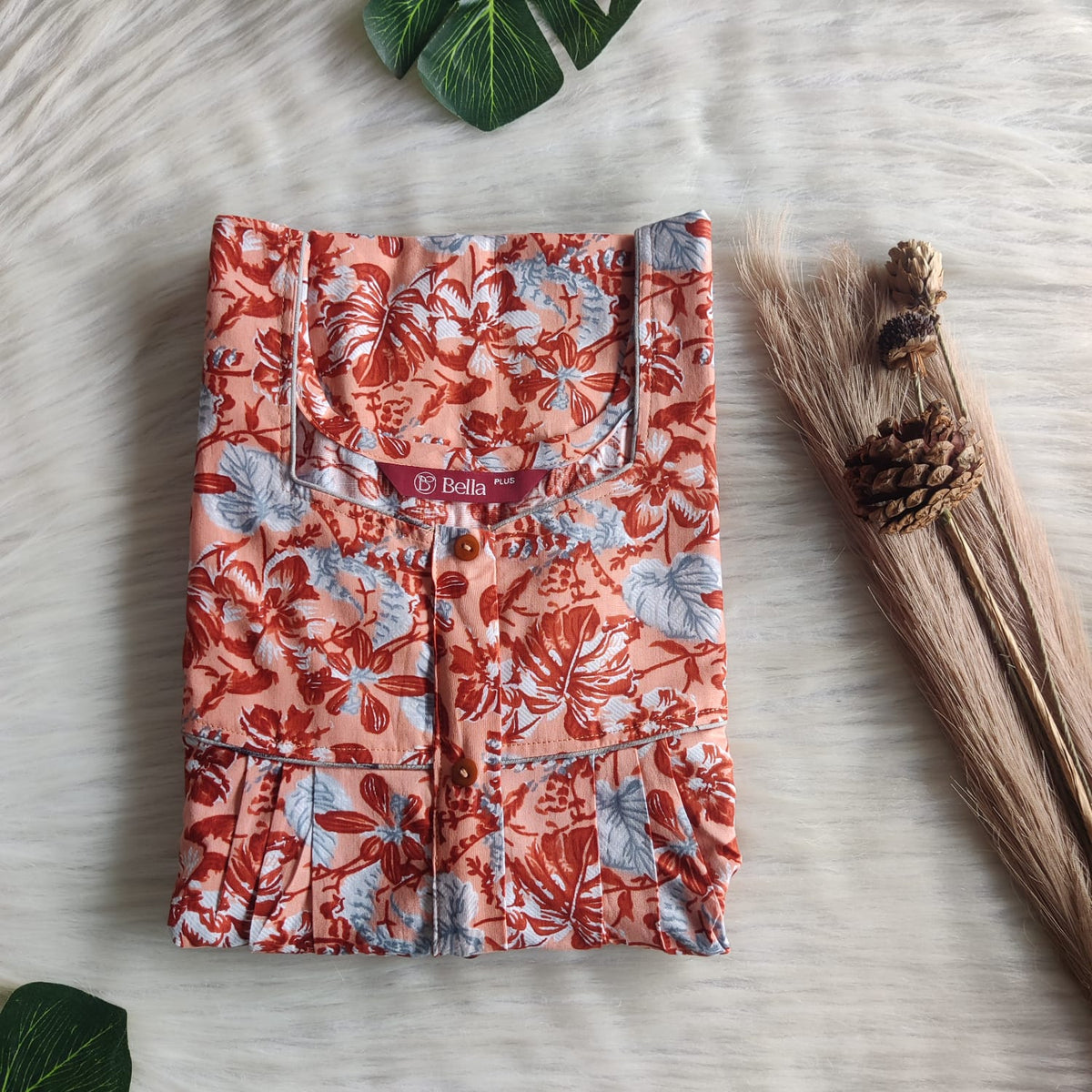 Brown Leaf Printed Premium Cotton Plus Size Button Zip Nighty | Chest Width 50″| Length 55″-56″