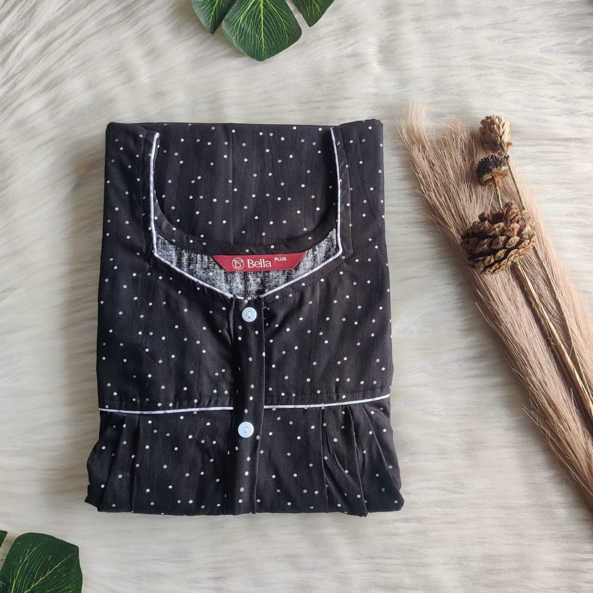Black Dot Printed Premium Cotton Plus Size Button Zip Nighty | Chest Width 50″| Length 55″-56″