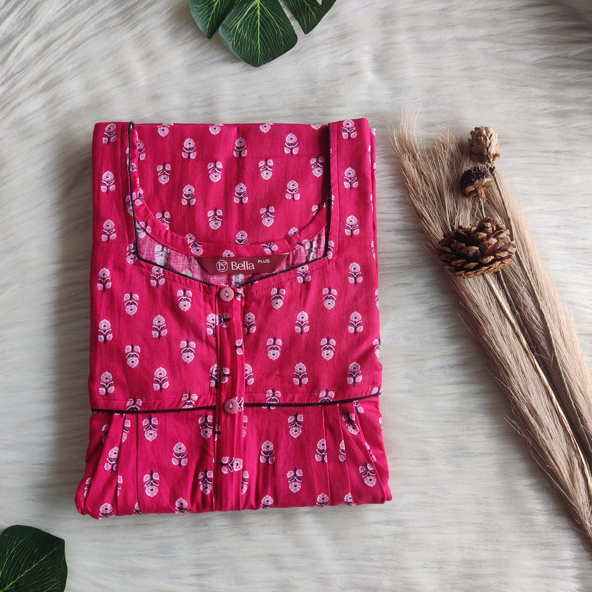 Pink Floral Printed Premium Cotton Plus Size Button Zip Nighty | Chest Width 50″| Length 55″-56″