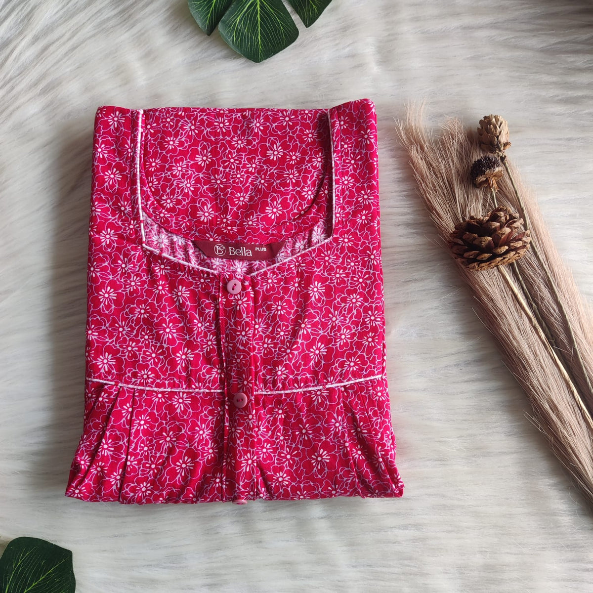 White Floral Printed Rani Pink Premium Cotton Plus Size Button Zip Nighty | Chest Width 50″| Length 55″-56″