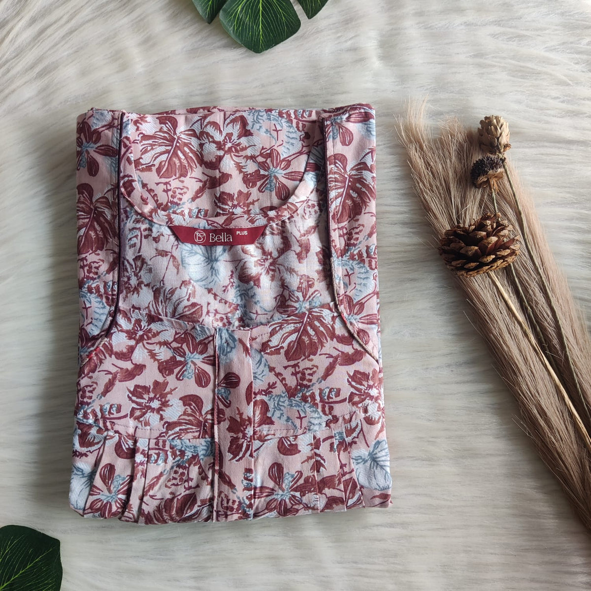 Pale Brown Leaf Printed Premium Cotton Plus Size Pleated Zip Nighty | Chest Width 50″| Length 54″-55″