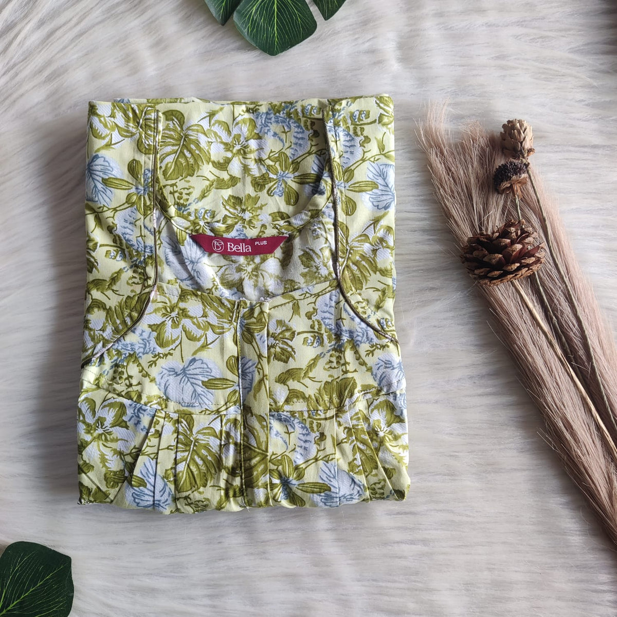 Pastel Green Leaf Printed Premium Cotton Plus Size Pleated Zip Nighty | Chest Width 50″| Length 54″-55″