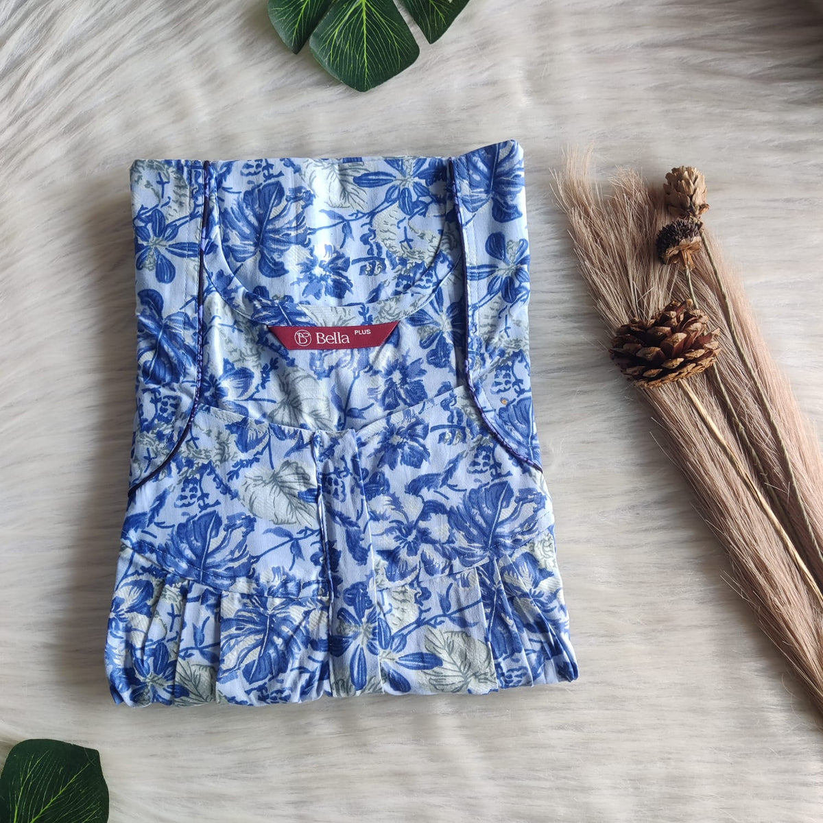 Blue Leaf Printed Premium Cotton Plus Size Pleated Zip Nighty | Chest Width 50″| Length 54″-55″