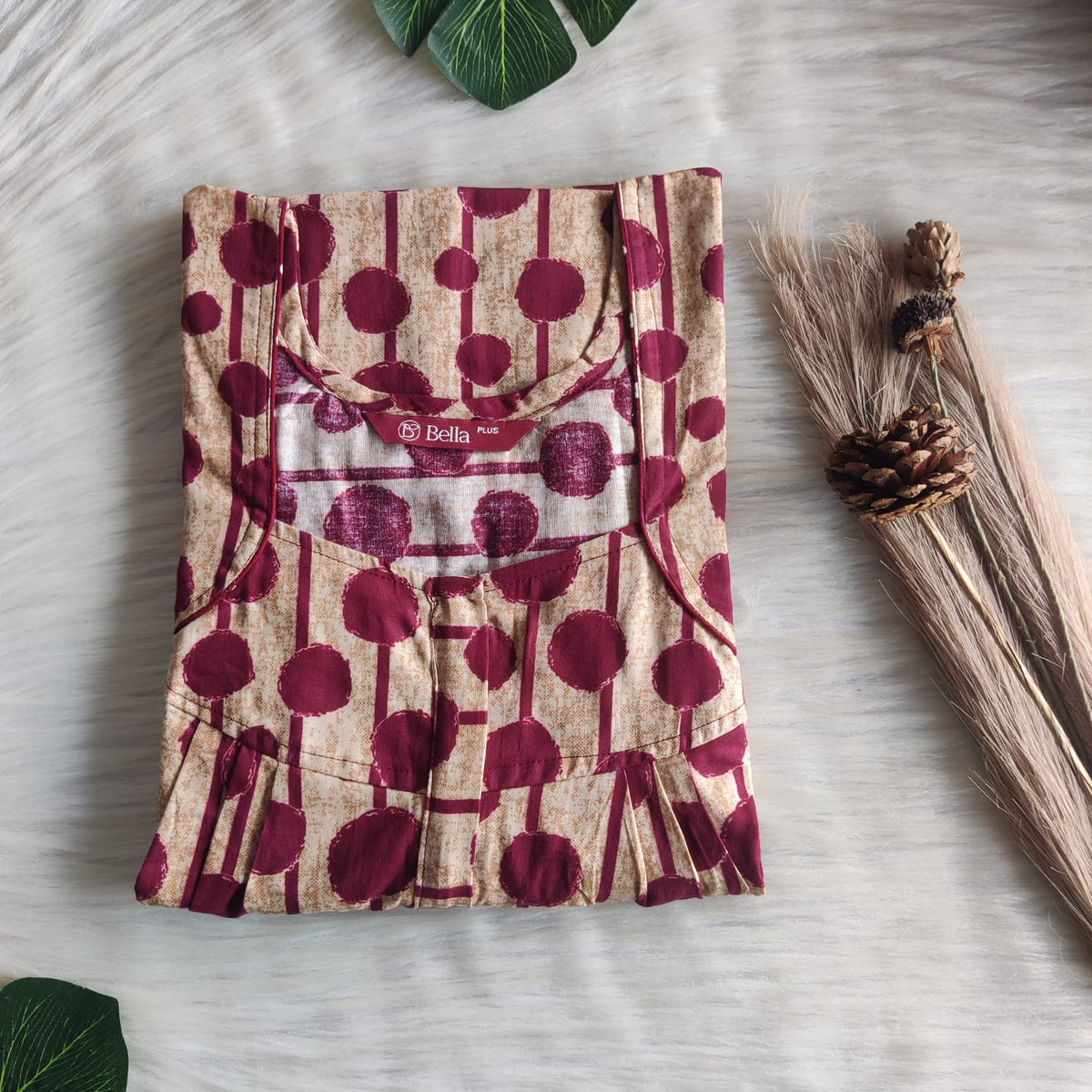 Maroon Dot Printed Premium Cotton Plus Size Pleated Zip Nighty | Chest Width 50″| Length 54″-55″