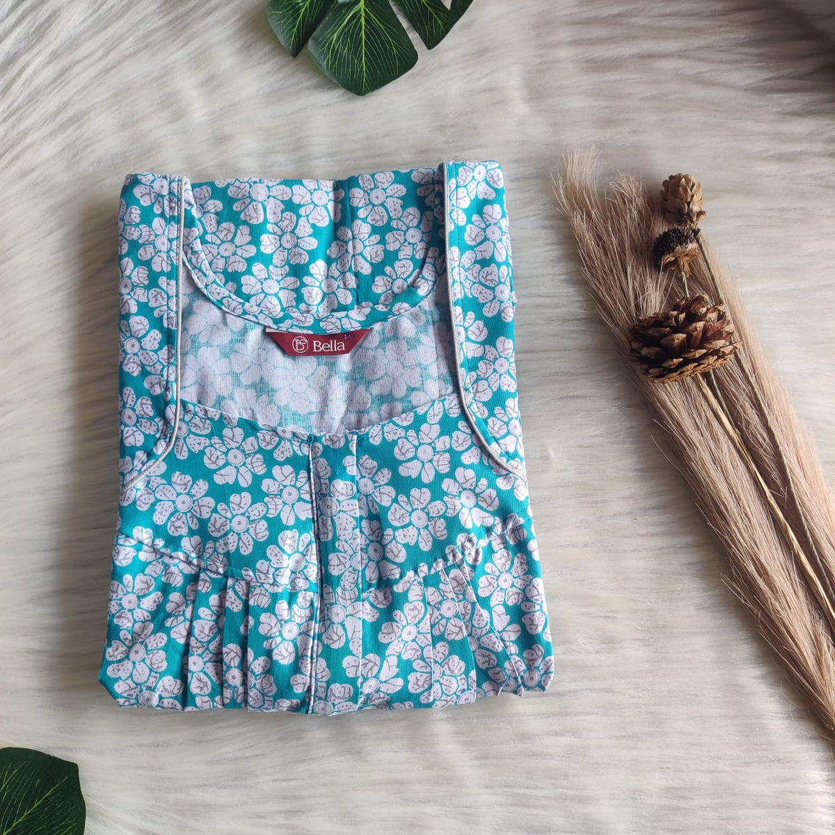 Aqua Blue Floral Printed Premium Cotton Pleated Zip Nighty | Free Size | Chest Width 44″| Length 54″-55″