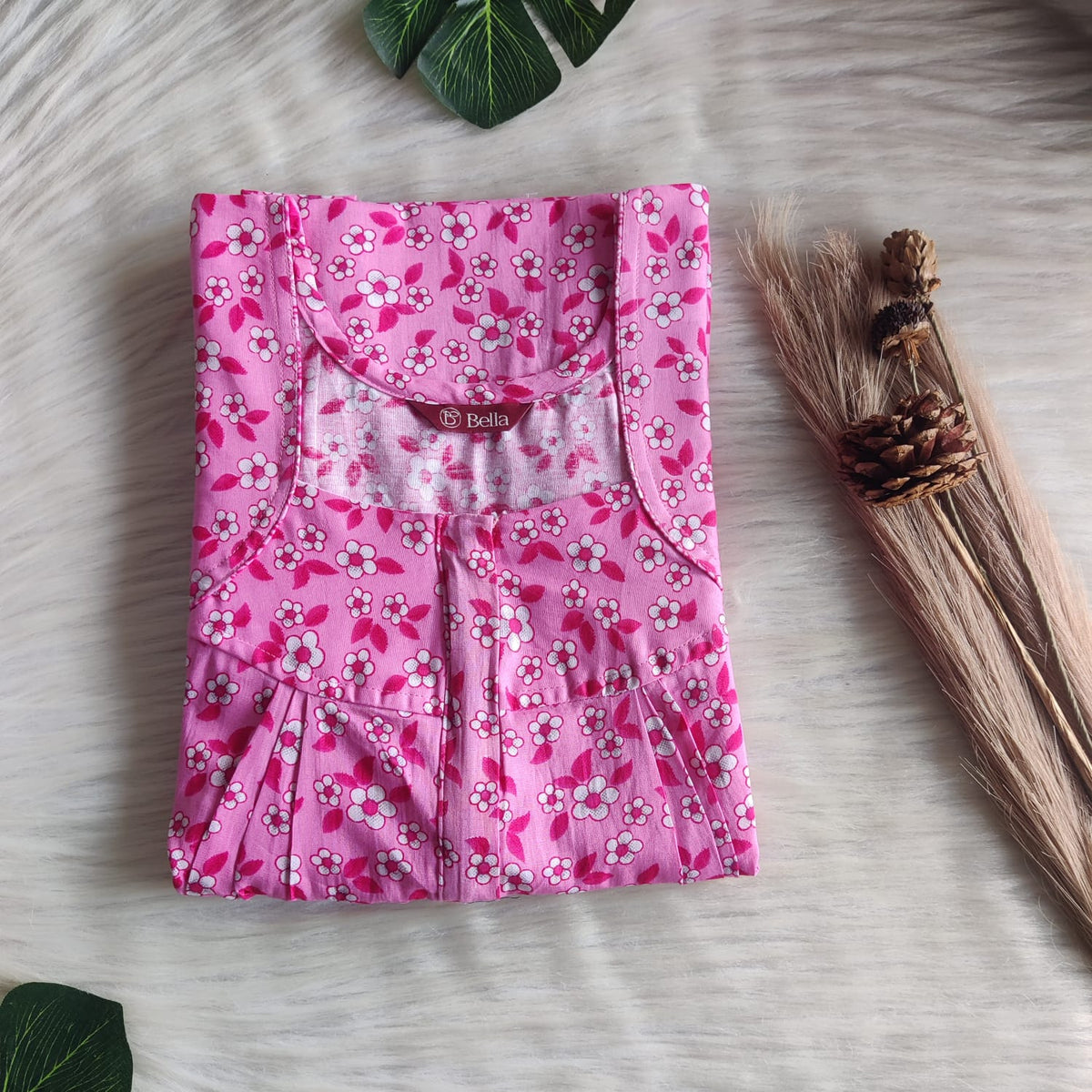 Pink Floral Printed Premium Cotton Pleated Zip Nighty | Free Size | Chest Width 44″| Length 54″-55″