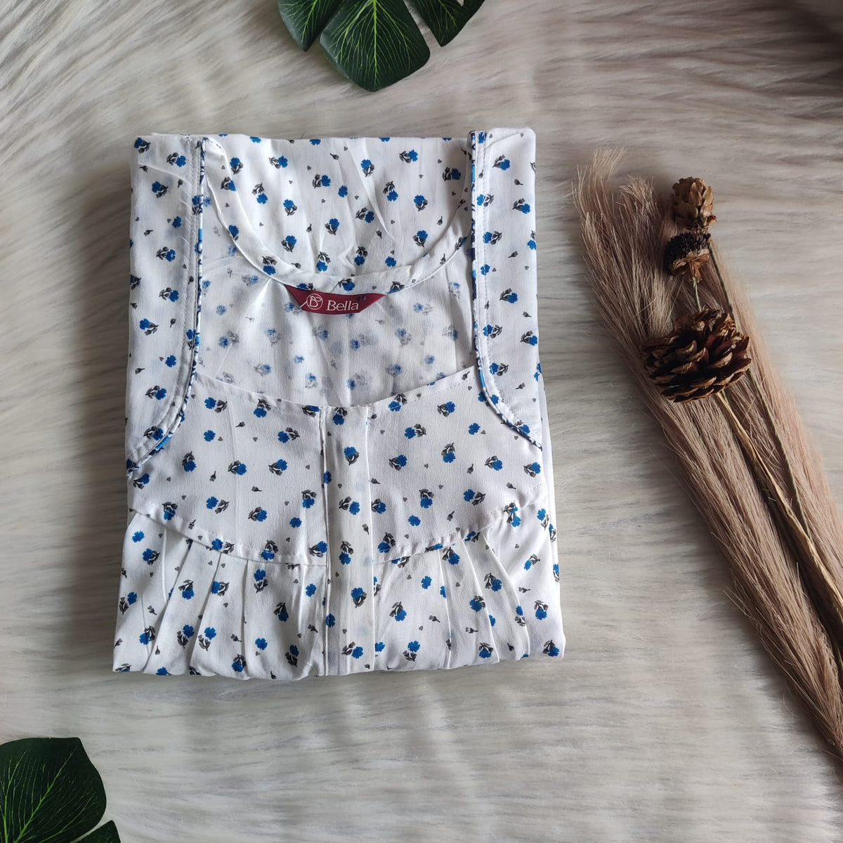 Blue Floral Printed White Premium Cotton Pleated Zip Nighty | Free Size | Chest Width 44″| Length 54″-55″