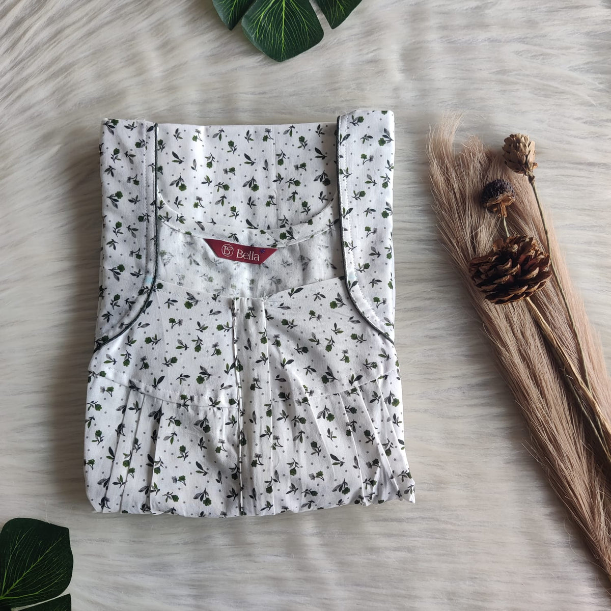Olive Green Floral Printed White Premium Cotton Pleated Zip Nighty | Free Size | Chest Width 44″| Length 54″-55″