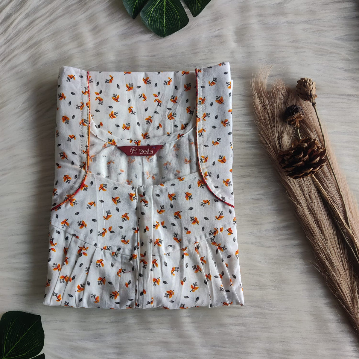 Orange Printed White Premium Cotton Pleated Zip Nighty | Free Size | Chest Width 44″| Length 54″-55″