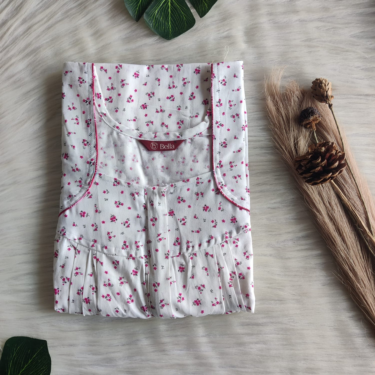 Pink Floral Printed White Premium Cotton Pleated Zip Nighty | Free Size | Chest Width 44″| Length 54″-55″