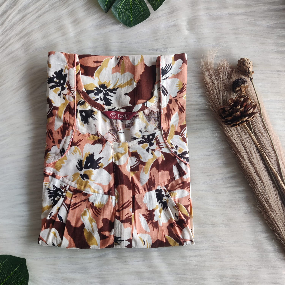 White Floral Printed Brown Premium Cotton Pleated Zip Nighty | Free Size | Chest Width 44″| Length 54″-55″