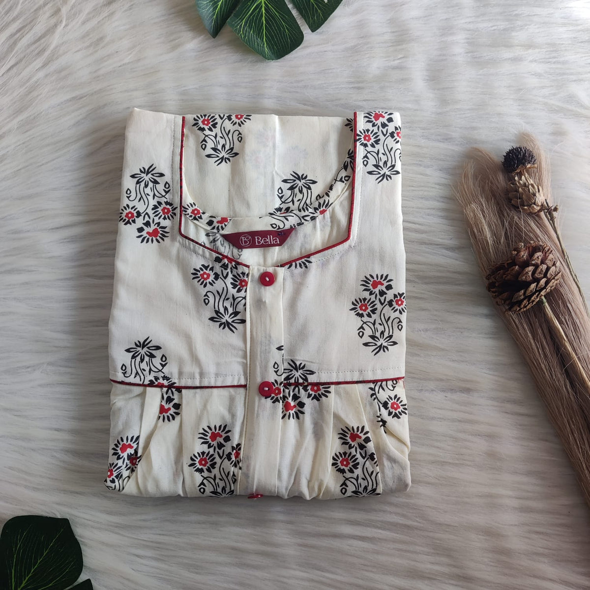 Ivory Printed Premium Cotton Button Zip Nighty | Free Size | Chest Width 44″| Length 55″-56″