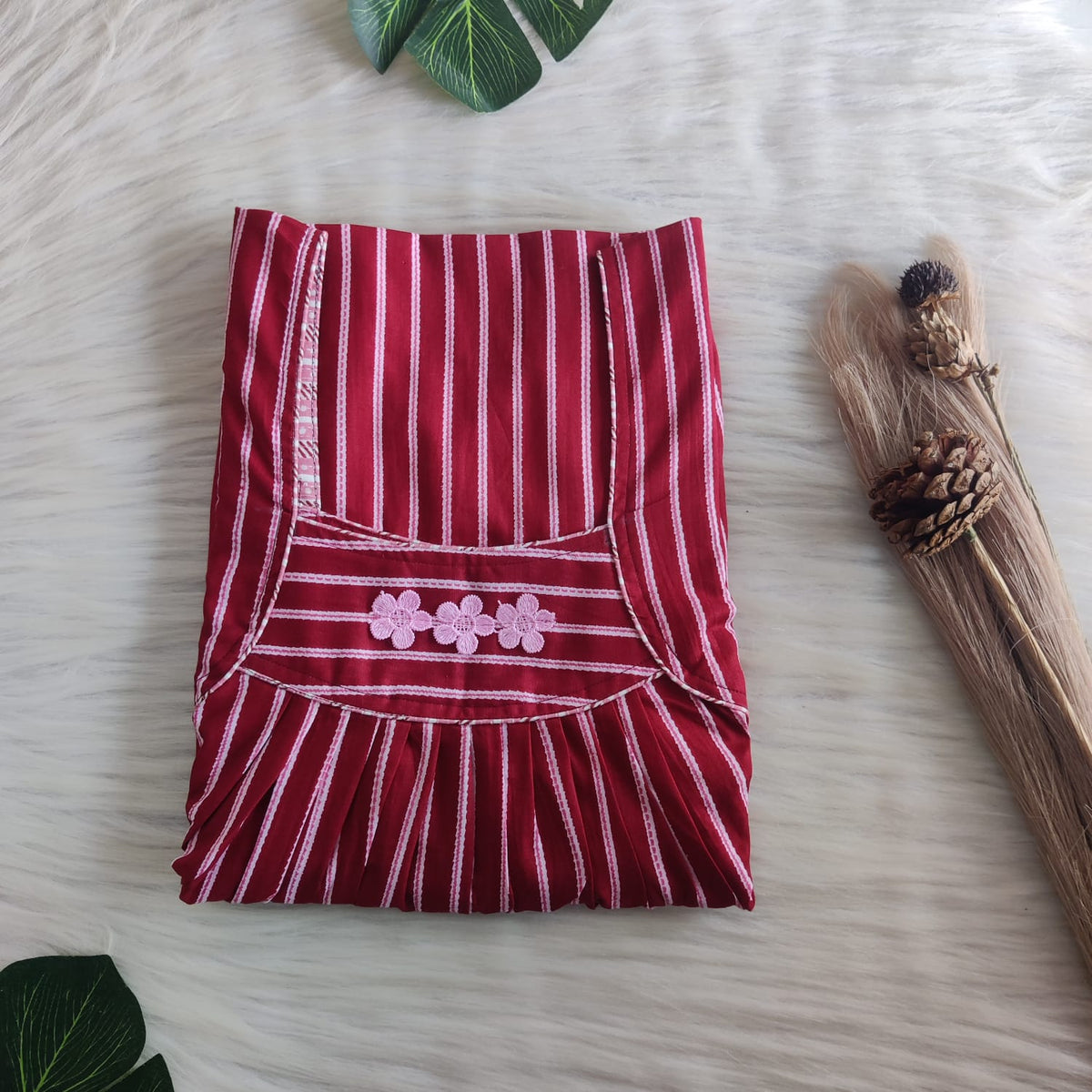 Maroon Stripes Printed Premium Cotton Three Flower Nighty |Free Size | Chest Width 44"| Length 54"-55"