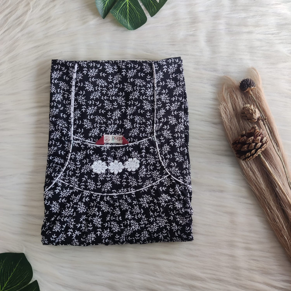 Black Printed Premium Cotton Three Flower Nighty |Free Size | Chest Width 44"| Length 54"-55"