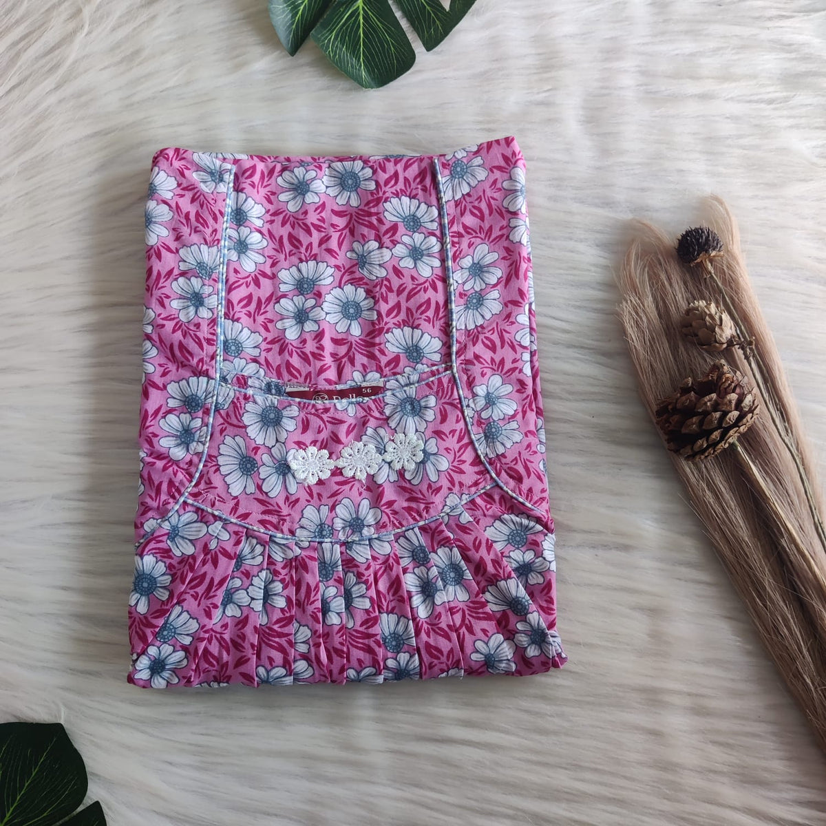 Pink Floral Printed Premium Cotton Three Flower Nighty |Free Size | Chest Width 44"| Length 54"-55"