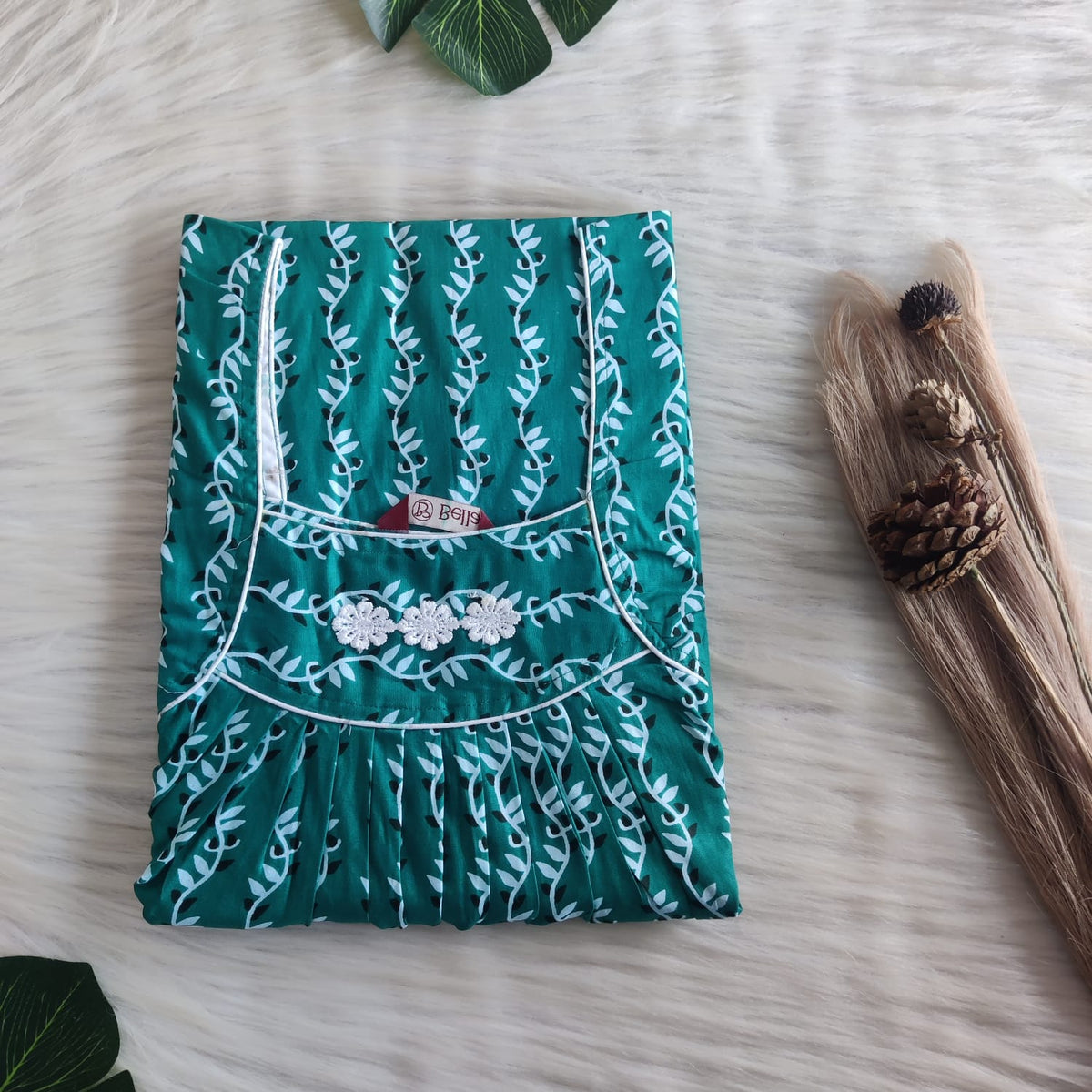 Green Leaf Printed Premium Cotton Three Flower Nighty |Free Size | Chest Width 44"| Length 54"-55"
