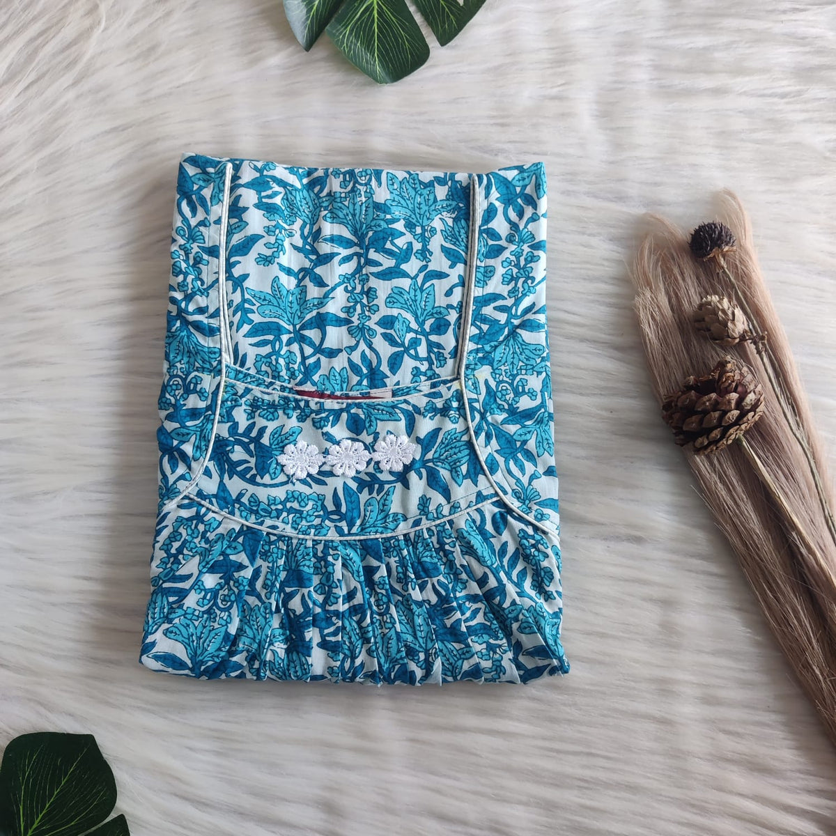 Blue Floral Printed Premium Cotton Three Flower Nighty |Free Size | Chest Width 44"| Length 54"-55"