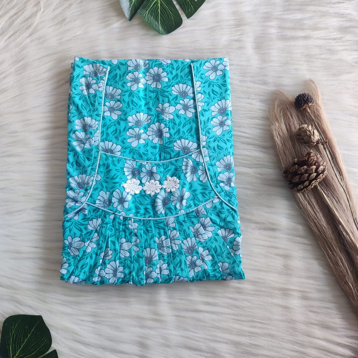 White Floral Printed Blue Premium Cotton Three Flower Nighty |Free Size | Chest Width 44"| Length 54"-55"