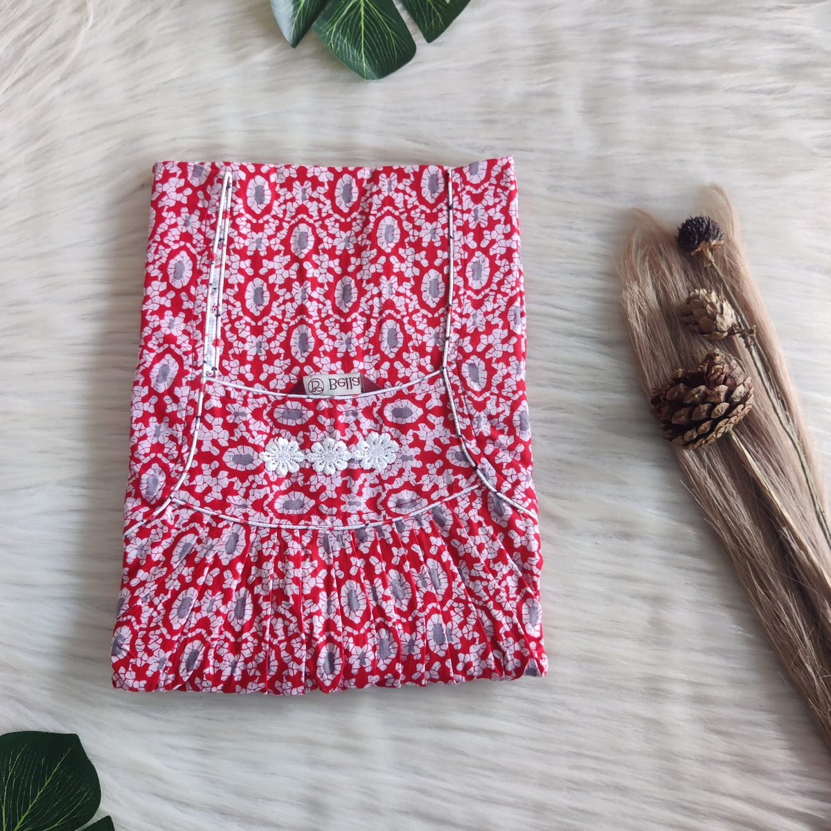 Red Floral Printed Premium Cotton Three Flower Nighty |Free Size | Chest Width 44"| Length 54"-55"