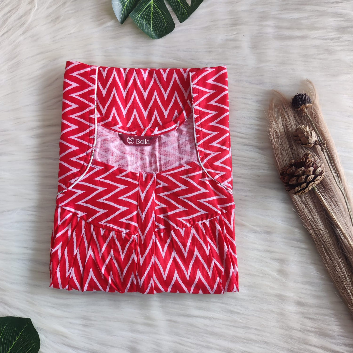 Red Zig Zag Printed Premium Cotton Pleated Zip Nighty | Free Size | Chest Width 44″| Length 54″-55″