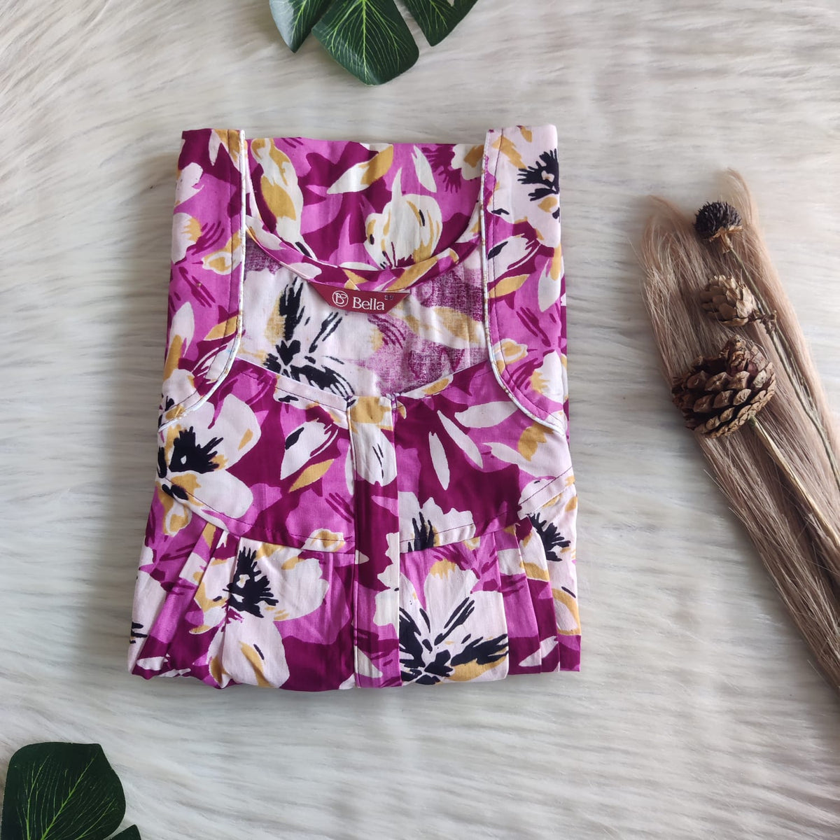 Purple Floral Printed Premium Cotton Pleated Zip Nighty | Free Size | Chest Width 44″| Length 54″-55″