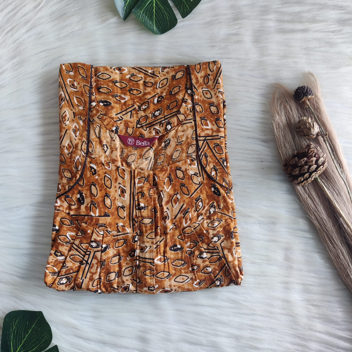 Brown Printed Premium Cotton Pleated Zip Nighty | Free Size | Chest Width 44″| Length 54″-55″