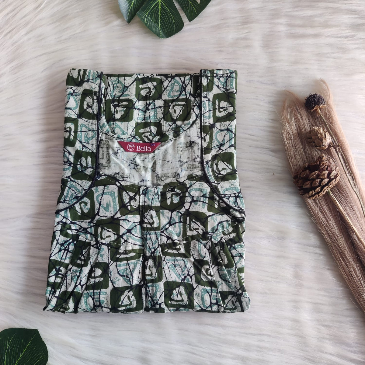 Green Check Printed Premium Cotton Pleated Zip Nighty | Free Size | Chest Width 44″| Length 54″-55″
