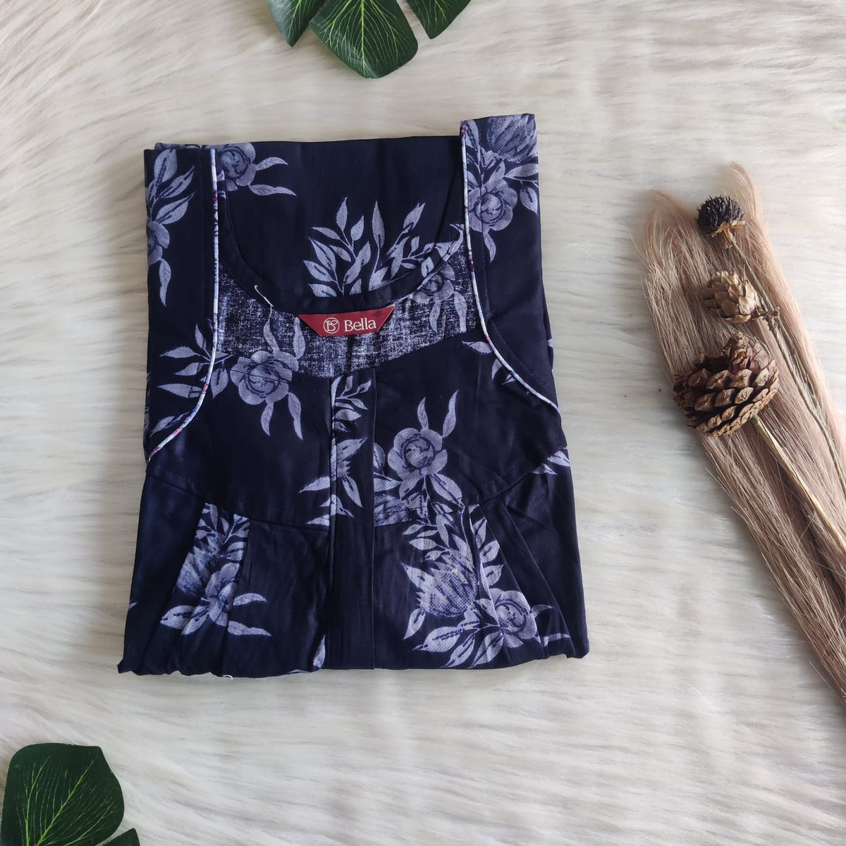 Navy Blue Floral Printed Premium Cotton Pleated Zip Nighty | Free Size | Chest Width 44″| Length 54″-55″
