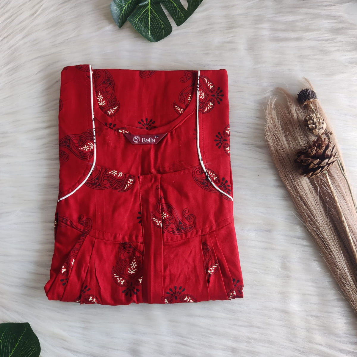 Red Floral Printed Premium Cotton Pleated Zip Nighty | Free Size | Chest Width 44″| Length 54″-55″